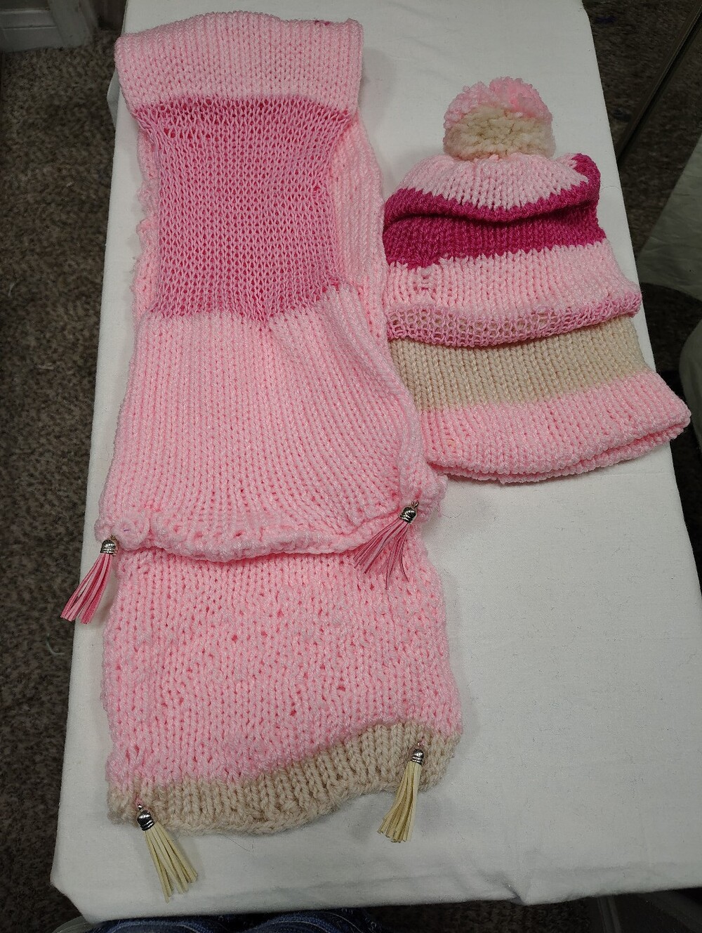 Kids Pink Striped Knit Beanie with Pom and Matching Scarf Mix& Machine 2 Set
